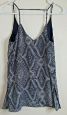 H M Womens Camisole Tank TOP - Size 2 - Blue Print Side Slits Spaghetti Straps
