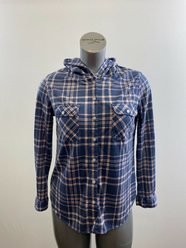 Bluenotes Boyfriend Fit Button Up Hooded Shirt Size Medium Blue Pink Plaid Long