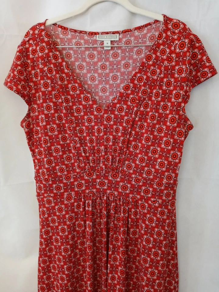 Vestido Dana Buchman S Rojo Boho Hippie Elastizado Tejido Línea A Ventilación Lateral Midi Solero Foto 4 de 4