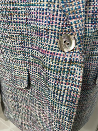 Vintage Silk Blazer Size 10P Pink Blue Tweed Textured Pearl Button - Picture 3 of 8