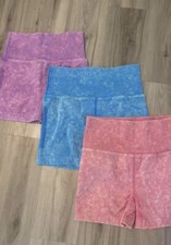 3 Paid Of ZENANA Stone Washed Seamless High Waisted Biker Shorts Pink, Blue, Pur