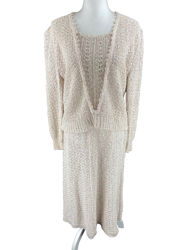 1970s XL Pallas Hand Loomed Irish Linen Open Knit 2 piece Skirt Jacket Suit Vtg