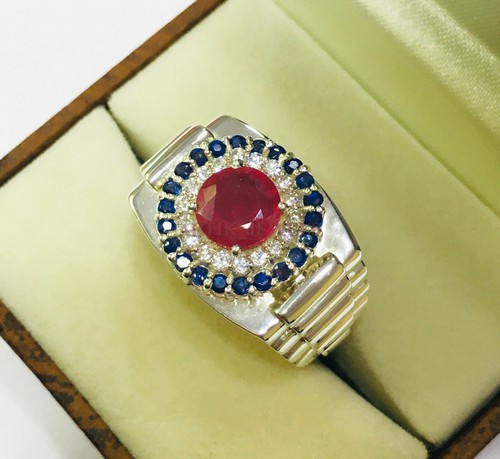 Heated Ruby & Heated Sapphire Gemstone With 925 Sterling Silver Men's Ring #1466 - Picture 3 of 7