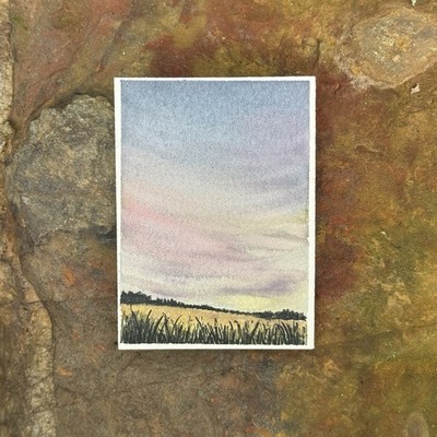 ACEO original, landscape, Sunset, Meadow, Farm, Country, Sky, Sunset, Watercolor