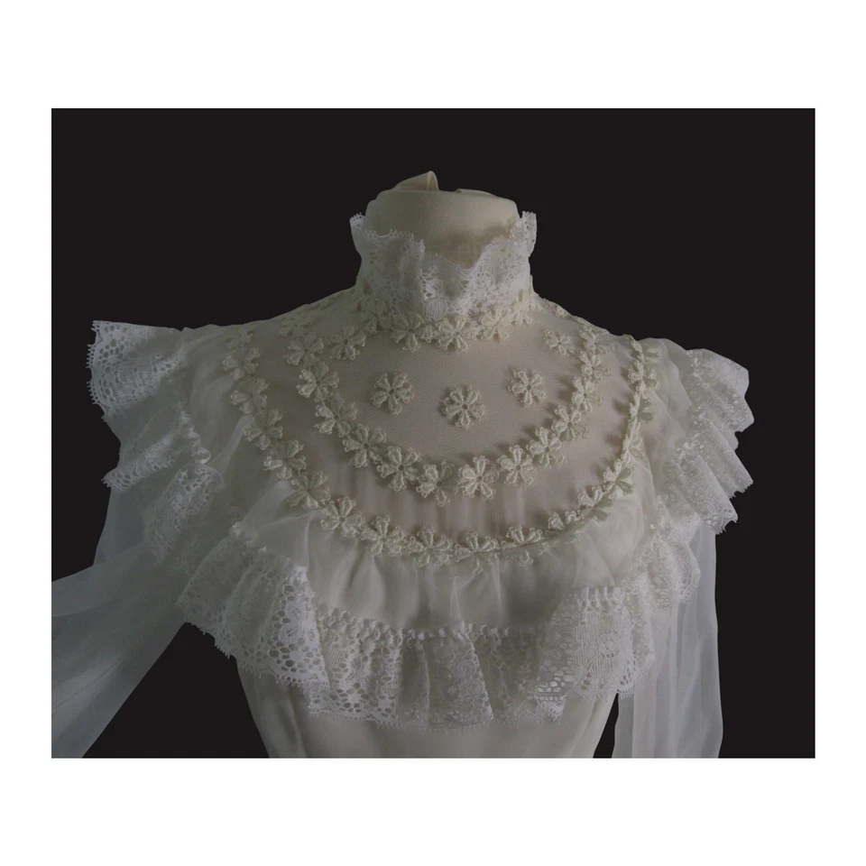 Vintage Wedding Gown Boho High Neck  Chiffon Ruffles Lace - Image 4 of 4