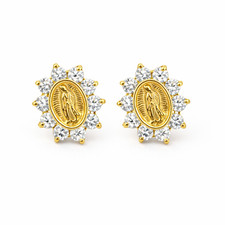 14K Solid Yellow Gold Guadalupe Virgin Mary Screw Back CZ Stud Earrings