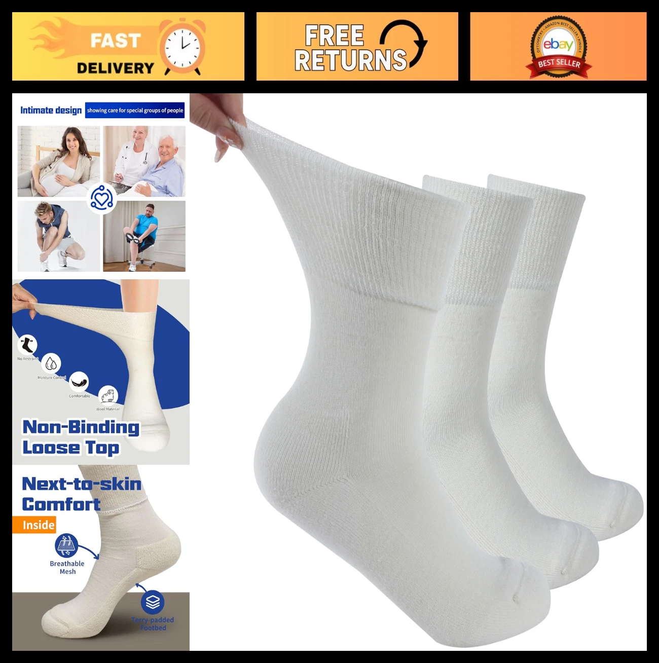 Diabetic Crew Socks for Men & Women, Merino Wool, Non-Binding Top, Cushioned Sol