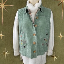 Baxter Wells Vintage Corduroy Vest Green Fall Embroidered Leaf Pockets M