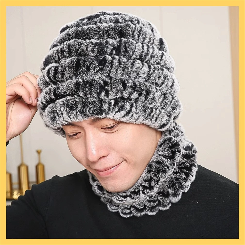 100% Real Rabbit Fur Hat and Scarf Thicken Winter Warm Knitted Cap for Men