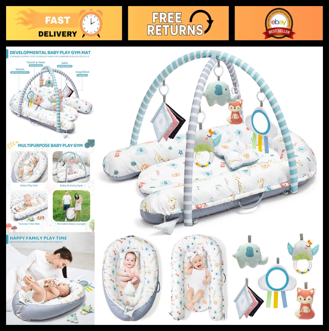 7-in-1 Baby Play Mat, Portable Tummy Time Gym for Sensory & Motor Skills, Washab
