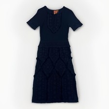 Tory Burch Bailey Dress Sz Small Navy Cotton Knit Textured Crochet Quiet Luxury