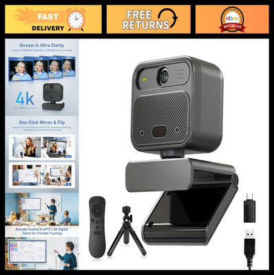 4K Webcam with Dual Microphones, 85° FOV, Privacy Cover, Tripod, Zoom/Skype Read