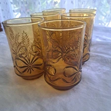 6 Vintage Libbey Juice Glasses Amber Golden Wheat Stem Bouquet Ribbon 6 oz