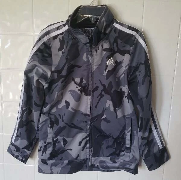 Adidas Boys Size 6 Track Jacket Zip Up Black Gray Camo Print