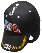 PATRIOTIC Waving USA American Bald Eagle Branches BLACK Embroidered Cap Hat