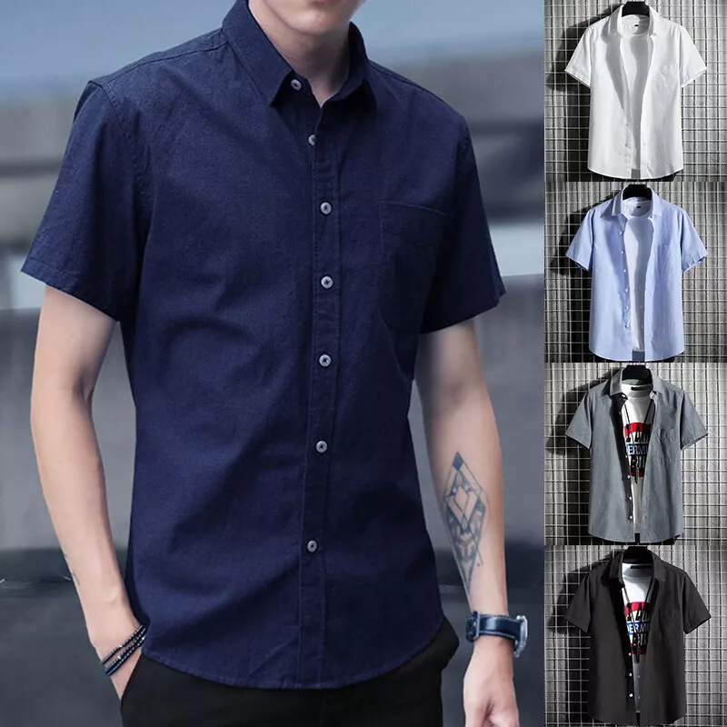 Mens Short Sleeve Button Down Shirts Casual Summer Loose Plain