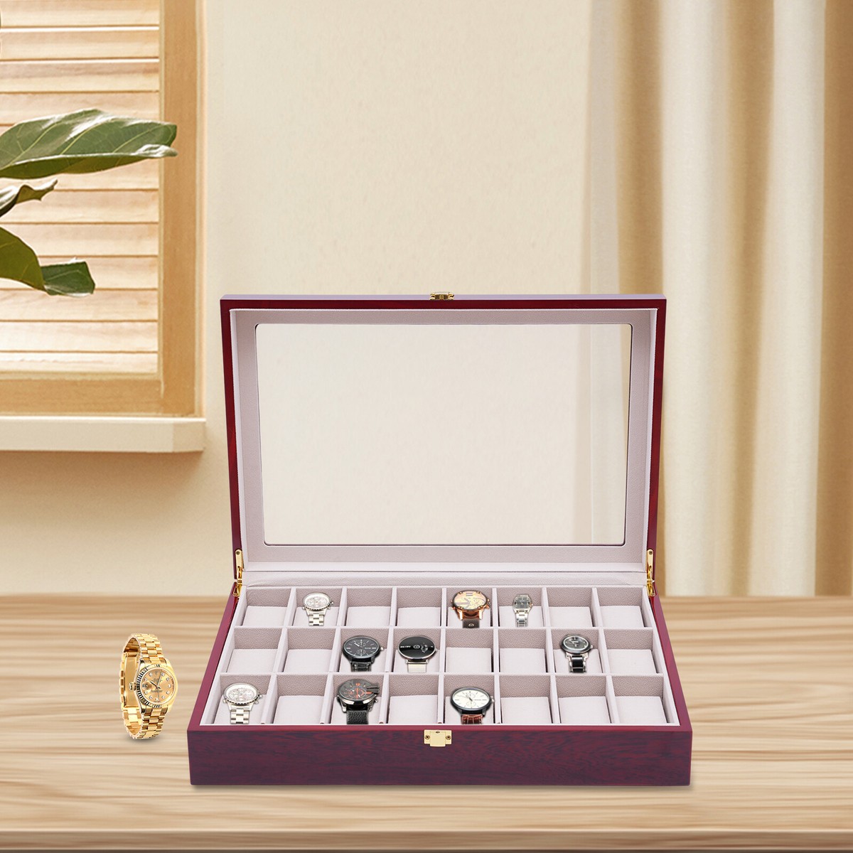 24 Slot Wooden Watch Box Display Case Glass Top Jewelry 