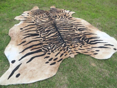 PROINLEATHER HUGE ! TIGER BENGAL print printed Cowhide Rug natural Cow Hide Skin beige zebra