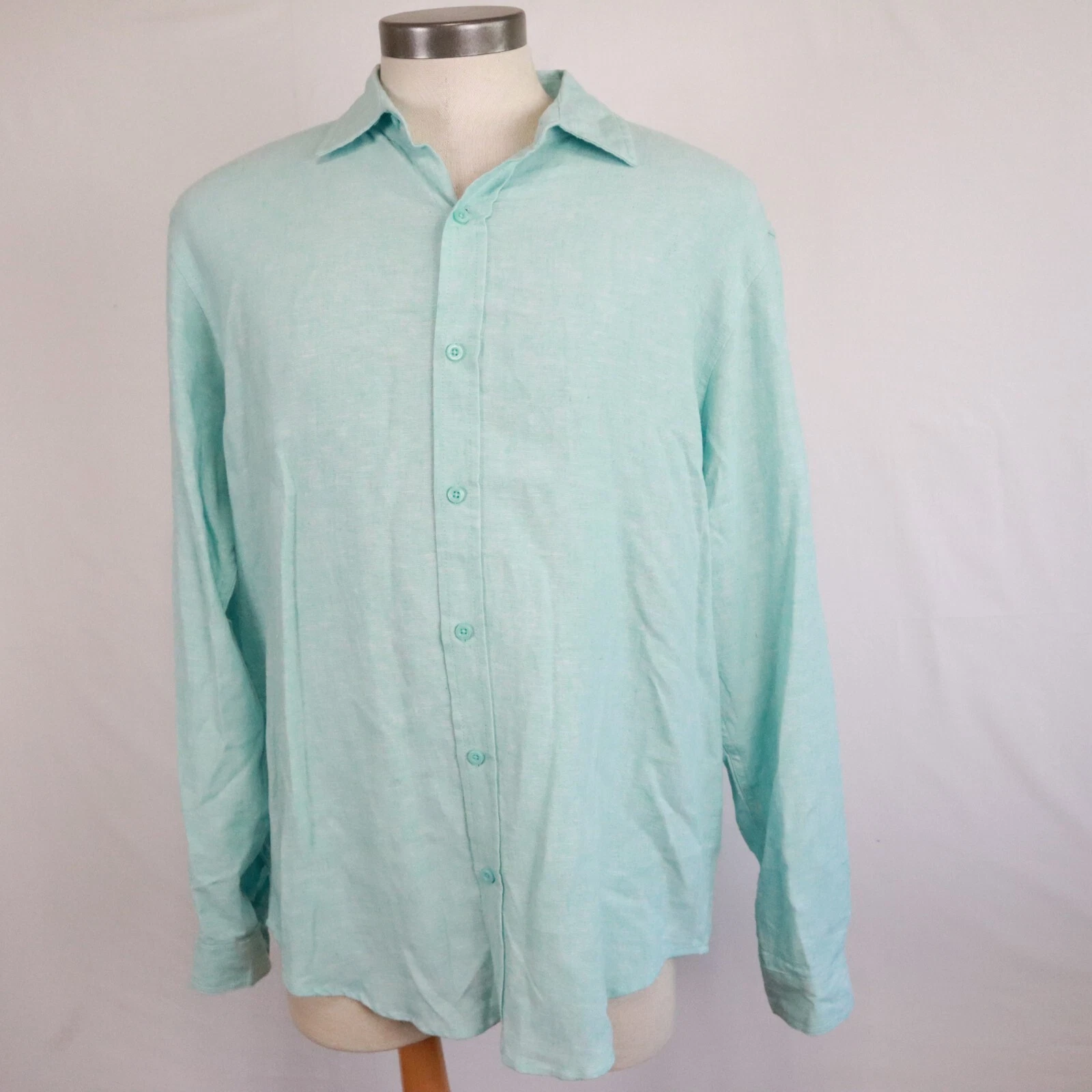 Bruno Shirt Mens Medium Linen Blend Casual Button Up Mint Green Long Sleeve