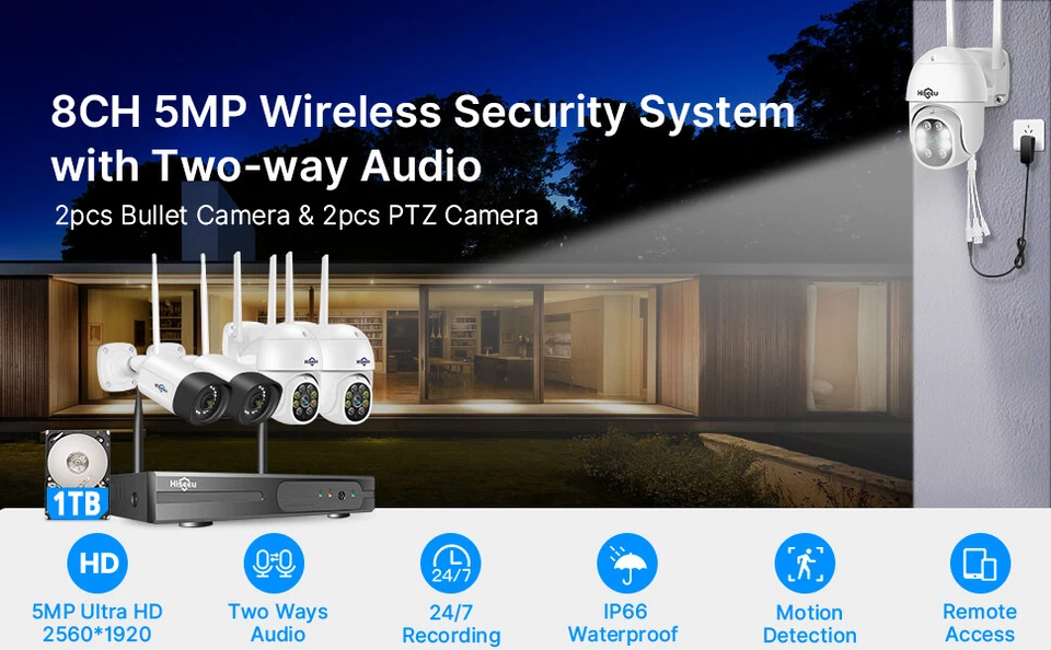 Hiseeu 8 canales 5 MP NVR inalámbrico WiFi PTZ y sistema de cámara de seguridad Bullet audio bidireccional Foto 3 de 4