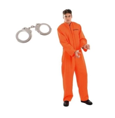 Mens Orange Prisoner Costume Adult Convict Jail Jumpsuit Fancy