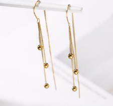 Women Threader Gold Balls Pull Though Earrings Stainless Steel Fashion Drop PE9