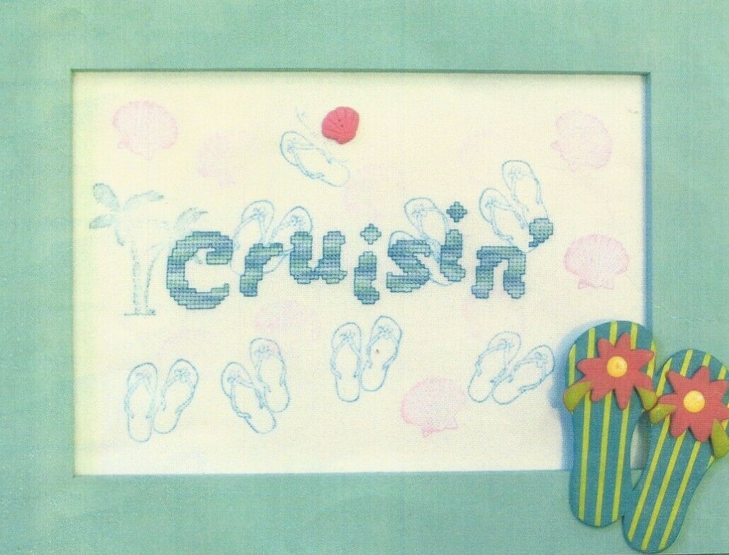 CRUSIN’ Flip-Flops Seashells Printed Linen Counted Cross Stitch Kit-image