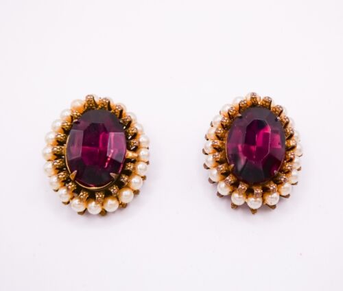 Vintage Ann Vein Purple Faux Pearl Earrings Clip … - image 1