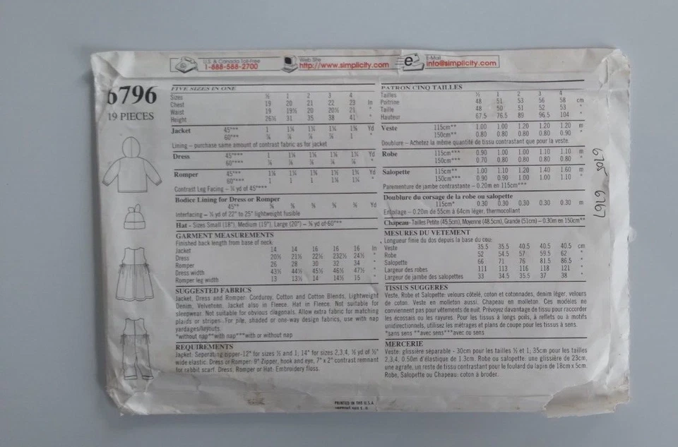 VINTAGE SIMPLICITY #6796 BOYS OR GIRLS SIZES 1/2-4 JACKET DRESS PANTS PATTERN - Image 2 of 4