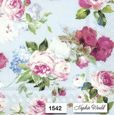  1542 TWO Individual Paper LUNCHEON Decoupage Napkins - ROSES on blue FLOWERS
