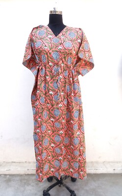 Indian Cotton Peach Floral Printed Kaftan Dress Women's Clothing Kaftan Dress US