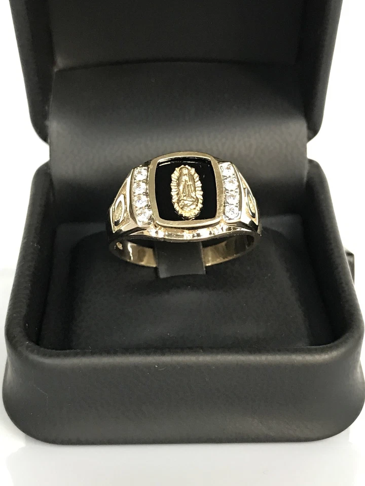 Мужское кольцо из чистого желтого золота 14 карат с ониксом и фианитом Virgin Mary Bold Guadalupe - Изображение 4 из 4