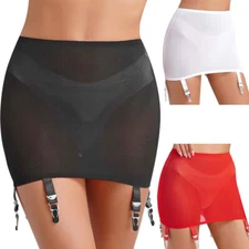 Luxallacki High Waist Sheer Mesh Garter Girdle 6 Straps Belt Mini Skirt Lingerie