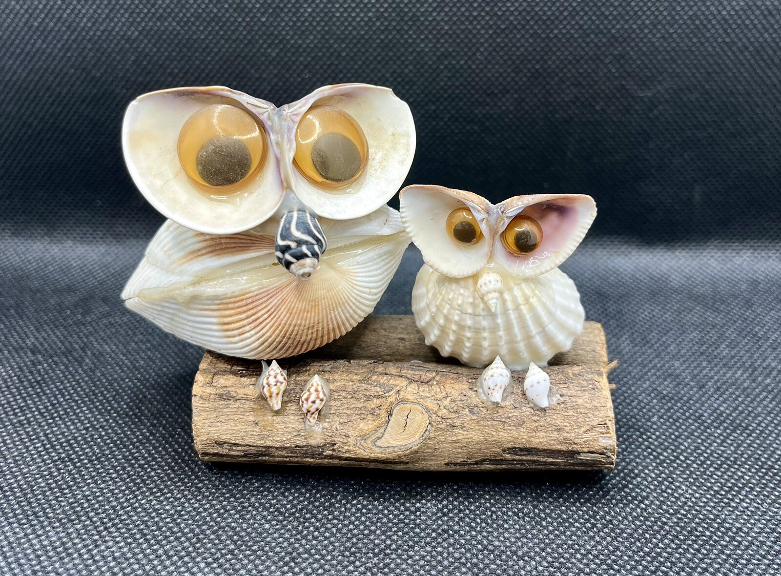 Vintage Sea Shell Owl Pair Art Sculpture Birds On Branch Figurine Googly Eyes, vintage figurine