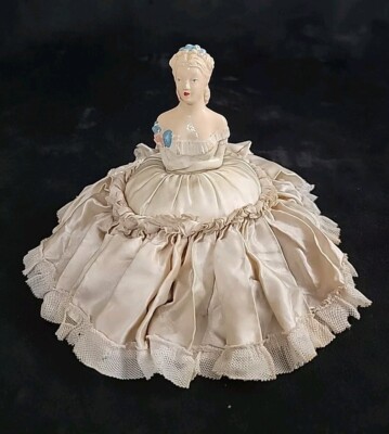 Antique Chalkware Half Doll Pin Cushion  Ivory Satin Ruffle Dress