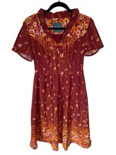ModCloth Floral Burgundy Dress Fit & Flare Lively Identity Medium Retro 60s 70s