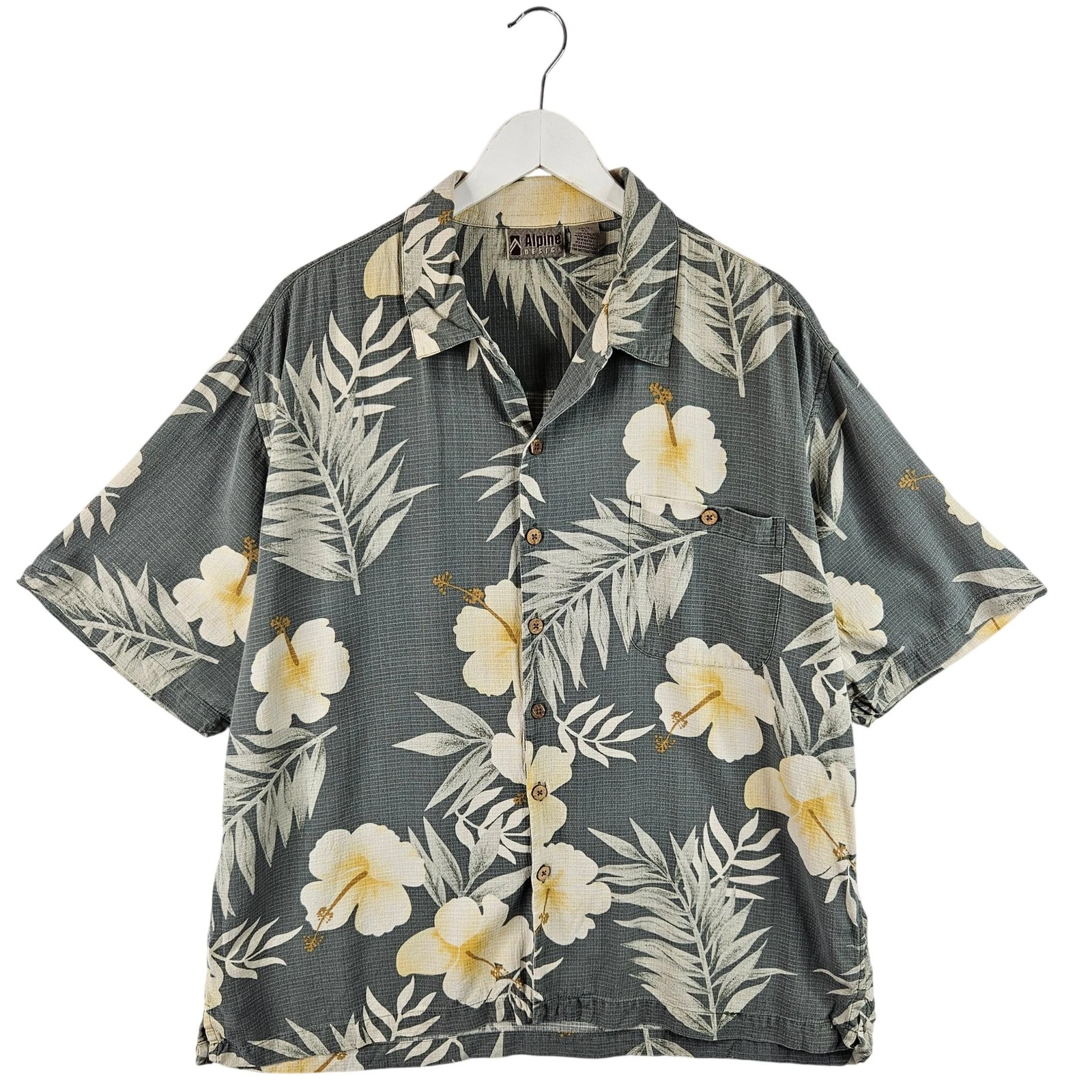Alpine Design Silk Hawaiian Beach Shirt Mens Floral Short Sleeve Green Size XL