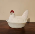 Vintage Westmoreland Milk Glass Hen on Nest Split Tail Weaved Basket 1940s-60s