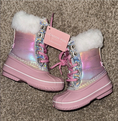 London Fog Girls Pink/Silver Iridescent Snow Boots Faux Fur Lace-Up US 5