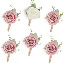 Dusty Rose Boutonniere with Eucalyptus for Men, Set of 6, Wedding Flower Boutonn