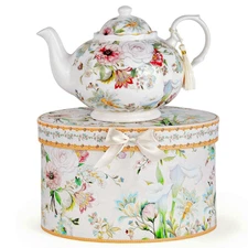 STPGOODS 1-qt Dream Garden Bone China Teapot in Gift Box Porcelain Tea Pot
