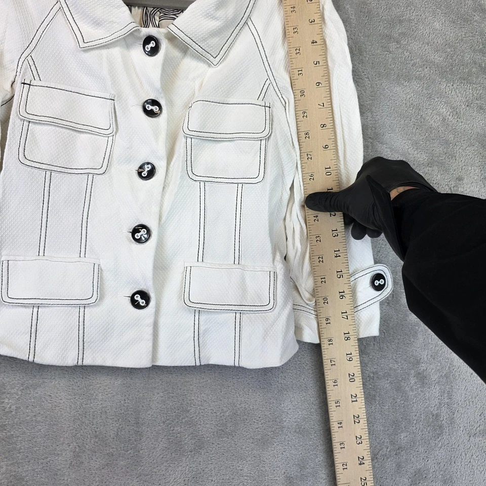 Chaqueta Blazer Bebe Mujer 4 Blanco Negro Puntada en Contraste Manga 3/4 Bolsillos Forrados Foto 4 de 4