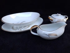 LIPPER & MANN (L&M)-HARVEST GOLD CHINA-PLATTER, BOWL,GRAVY ,SUGAR BOWL-4 PIECES