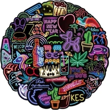 50 Pcs Neon Stickers Water Bottle Sticker Cool Cute 