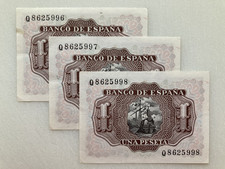 SPAIN 1 UNA PESETA NOTES x3 CONSECUTIVE NUMBERS 1953 - CRISP - BANCO DE ESPANA