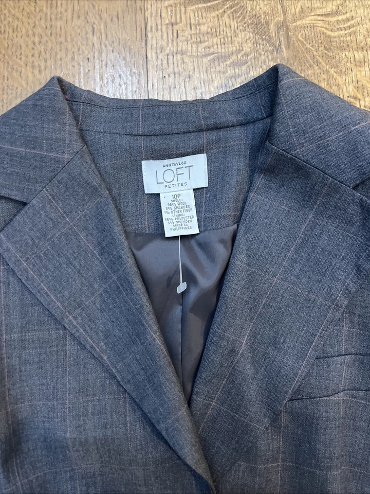 LOFT Mujer Dos Piezas Traje Pantalón Lana Gris Cuadros, Blazer 10P/Pantalones 8P** Foto 3 de 4