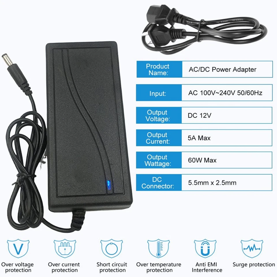 12V 5A 5 AMP 60W DC Power Supply Adapter Transformer LED Strip CCTV PC 5050 USA - Image 2 of 4