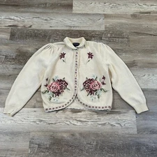 Vintage 90s Floral Hand Embroidered Cardigan Knit Sweater Coquette Cottagecore