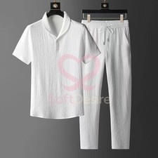 Men's Spring Summer Short Sleeve Casual Suit Slim Two-piece Set Drawstring Pants