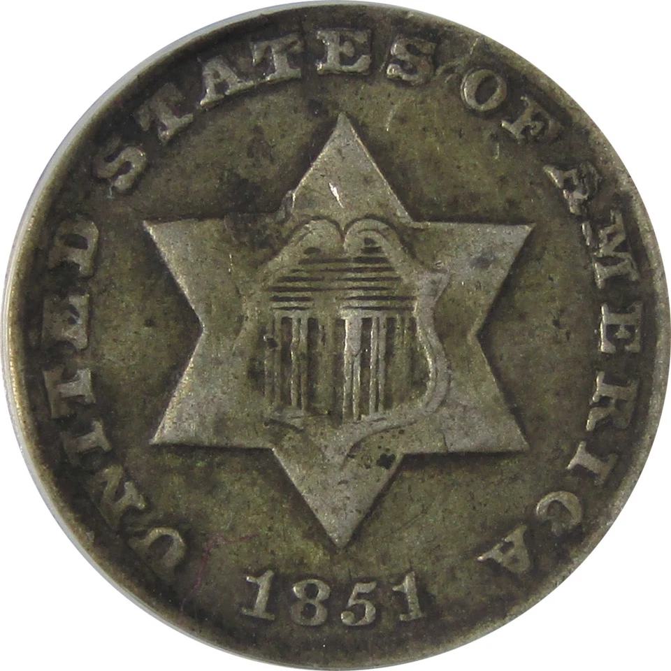 1851 O Three Cent Piece VF 20 Details ANACS Silver Trime SKU:CPC1144 - Image 3 of 4